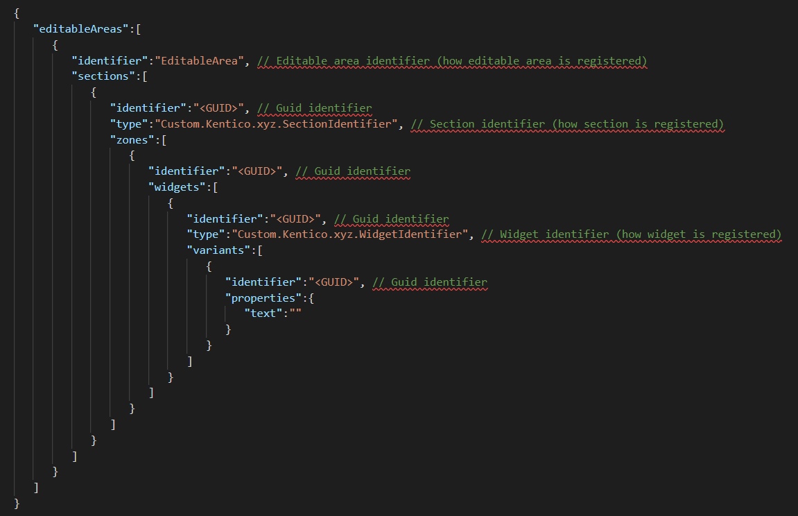 Image 2. Json example of widgets structure in page builder field